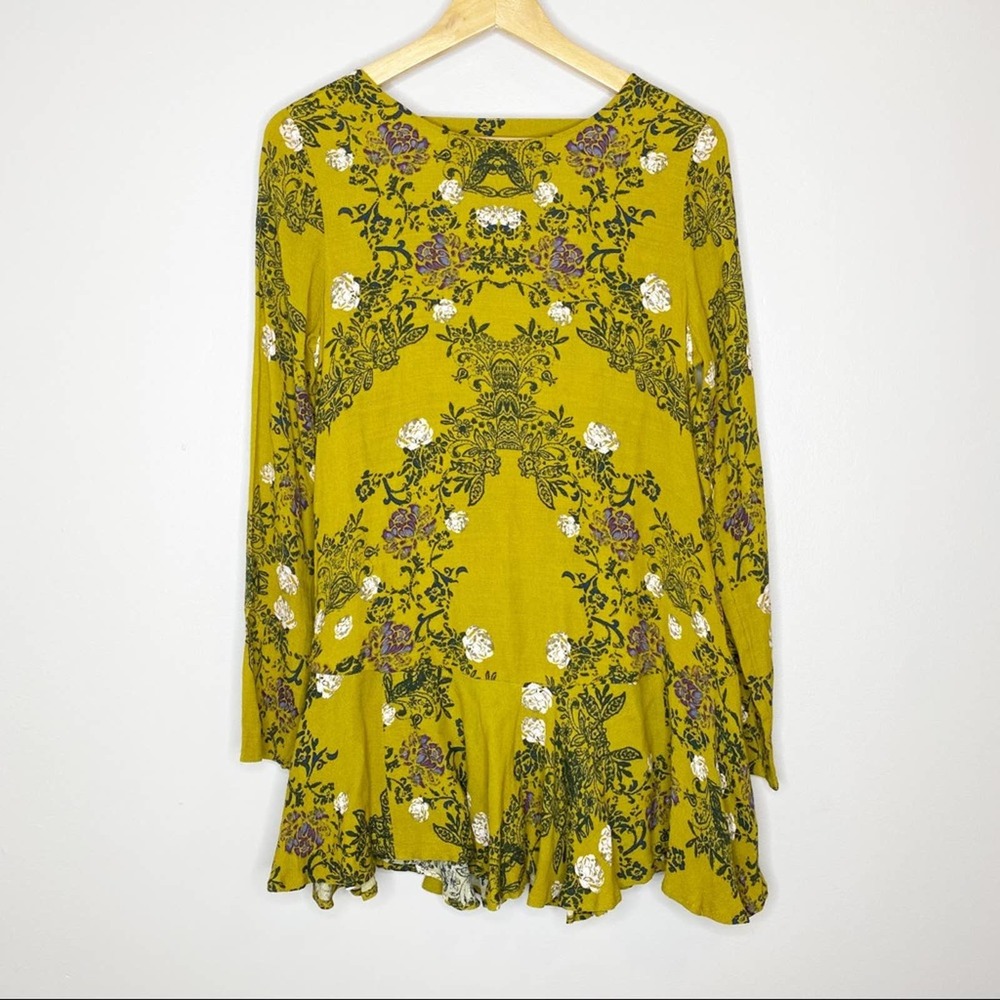 Free People Smooth Talker Yellow Green Floral Mini Dress Tunic XS